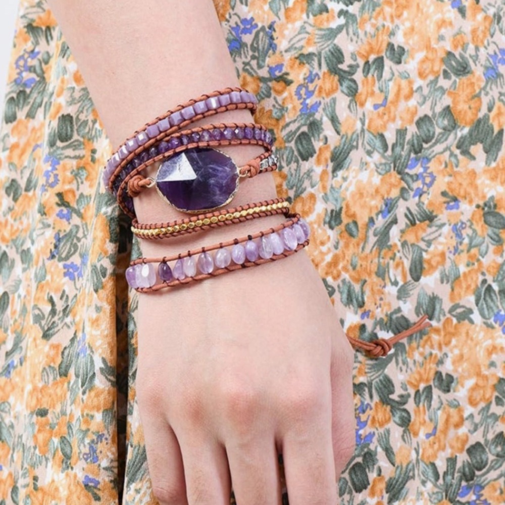 CLEARANCE Boho Handmade Wrap Leather Tube Crystal Stone Bracelet Amethyst stone. - Picture 6 of 8